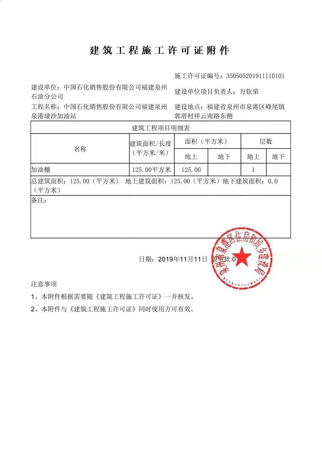 中国石化销售股份有限公司福建泉州石油分公司——中国石化销售股份有限公司福建泉州泉港埭沙加油站施工许可